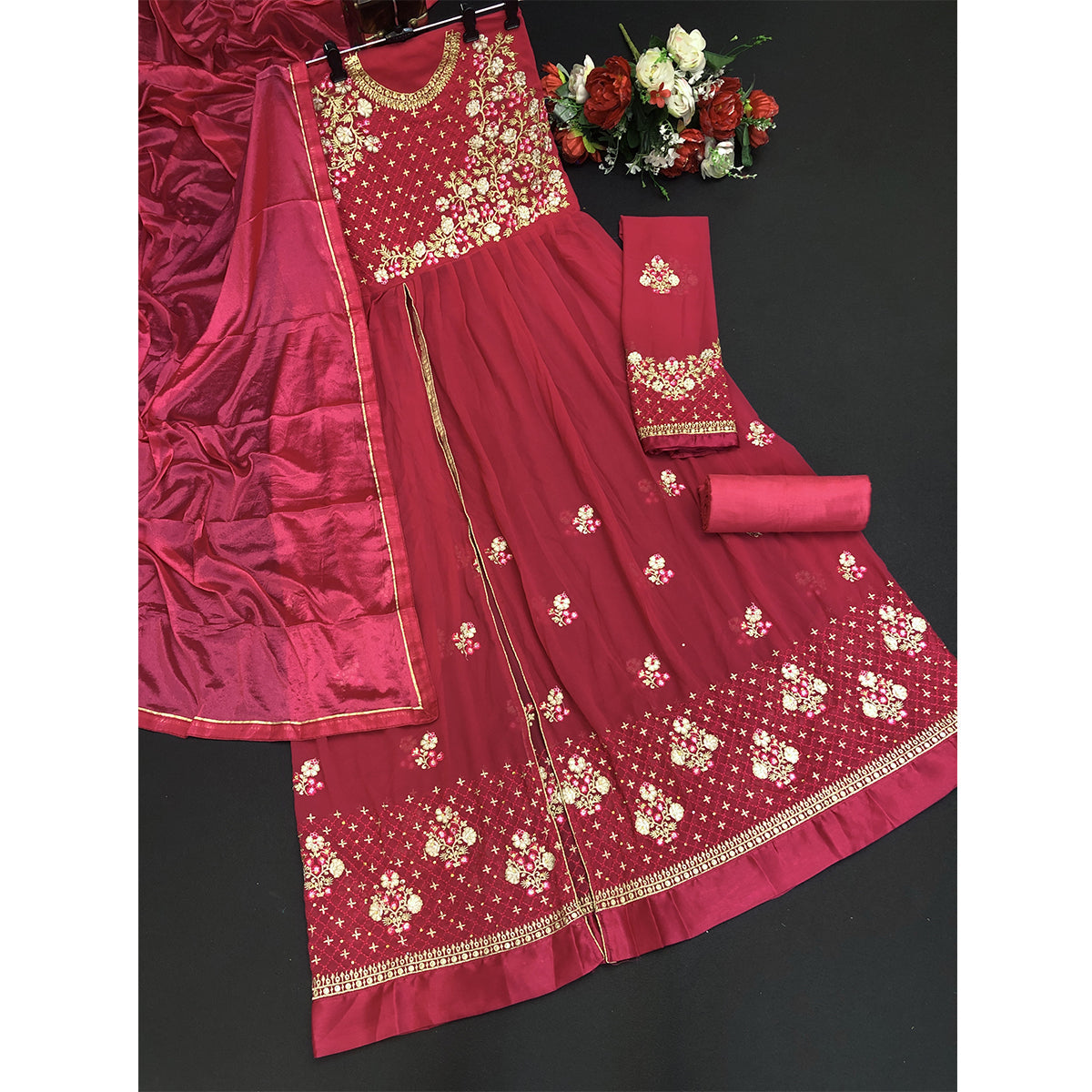 SHAFNUFAB Women's Georgette Ethnic Wear for WomenSemi StitchedSalwarSuit SF20134 Diwali Outfit Bridal Dark Pink Colour Indian CasualWearSalwarSuit IN Eid