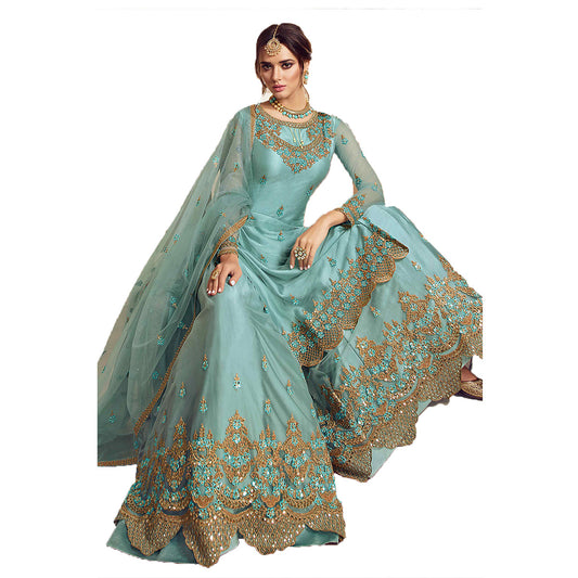 SHAFNUFAB Women's Net Ethnic Wear for WomenSemi StitchedSalwarSuit SF20174 Diwali Outfit Bridal Sky Blue Colour Indian CasualWearSalwarSuit IN Eid