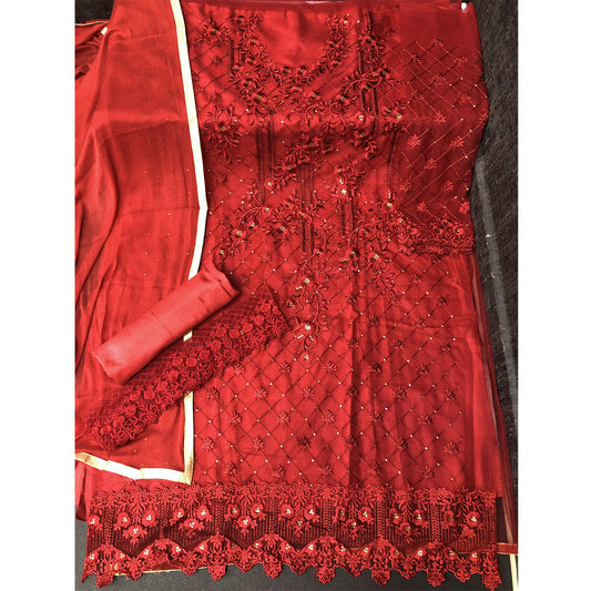 SHAFNUFAB Women's Net Ethnic Wear for WomenSemi StitchedSalwarSuit SF20176 Diwali Outfit Bridal Maroon Colour Indian CasualWearSalwarSuit IN Eid