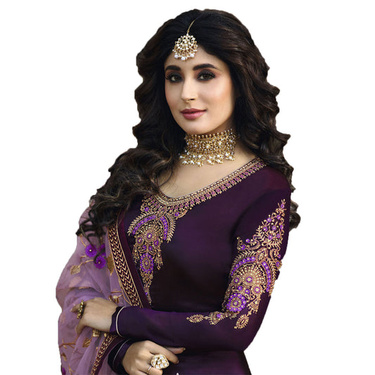 SHAFNUFAB Women's Satin Ethnic Wear for WomenSemi StitchedSalwarSuit SF20190 Diwali Outfit Bridal Dark purple Colour Indian CasualWearSalwarSuit IN Eid