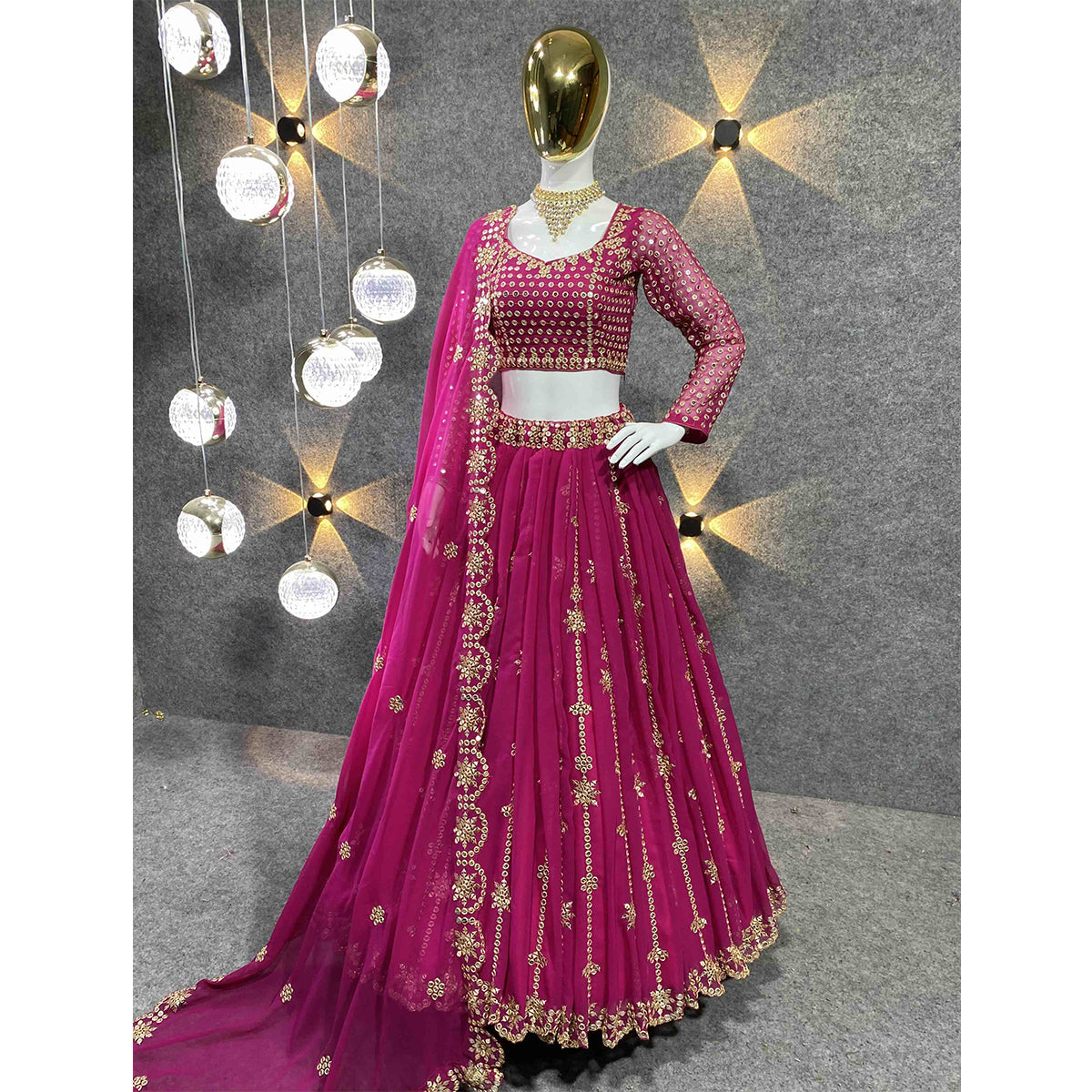 Shafnufab Women's Georgette Semi Stitched Lehenga Choli In Rani Pink Colour SF218103