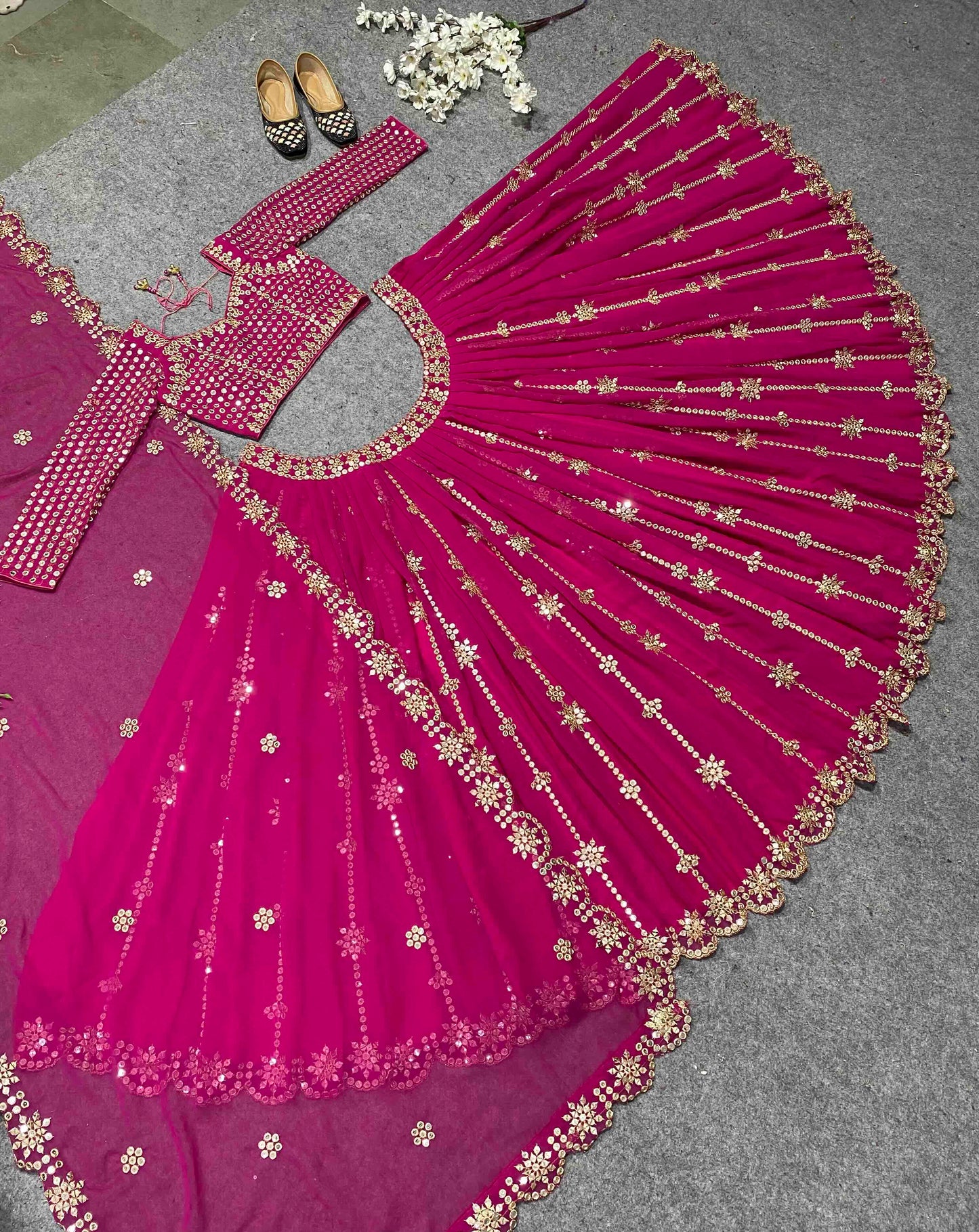 Shafnufab Women's Georgette Semi Stitched Lehenga Choli In Rani Pink Colour SF218103