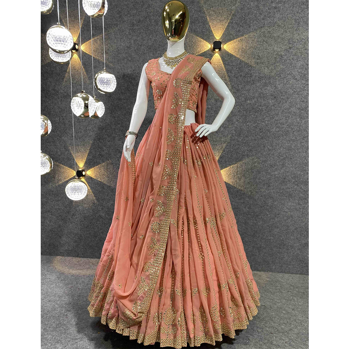 Shafnufab Women's Georgette Semi Stitched Lehenga Choli In Orange Colour SF218132