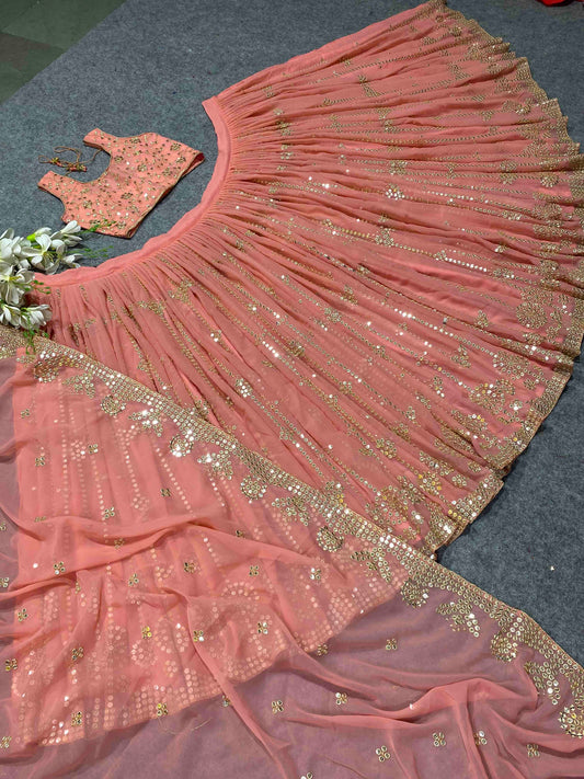 Shafnufab Women's Georgette Semi Stitched Lehenga Choli In Orange Colour SF218132