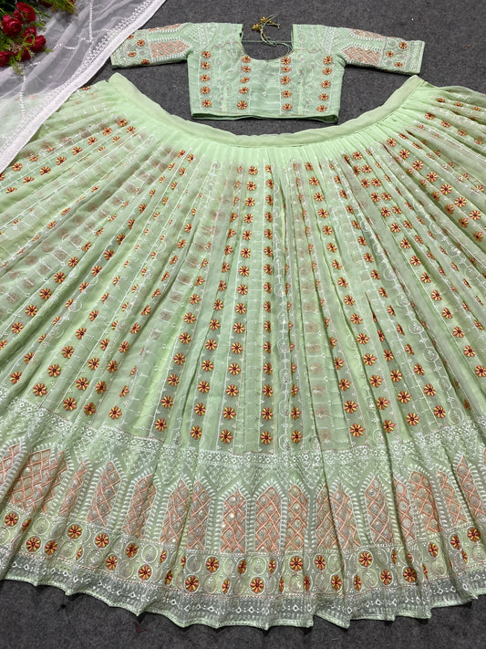 Shafnufab Women's Georgette Semi Stitched Lehenga Choli In Green Colour SF218146