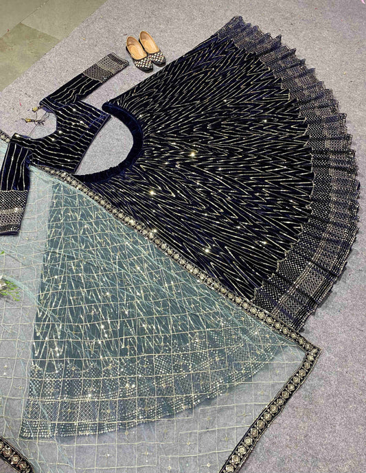 Shafnufab Women's viscose Velvet Semi Stitched Lehenga Choli In Black Colour SF218171