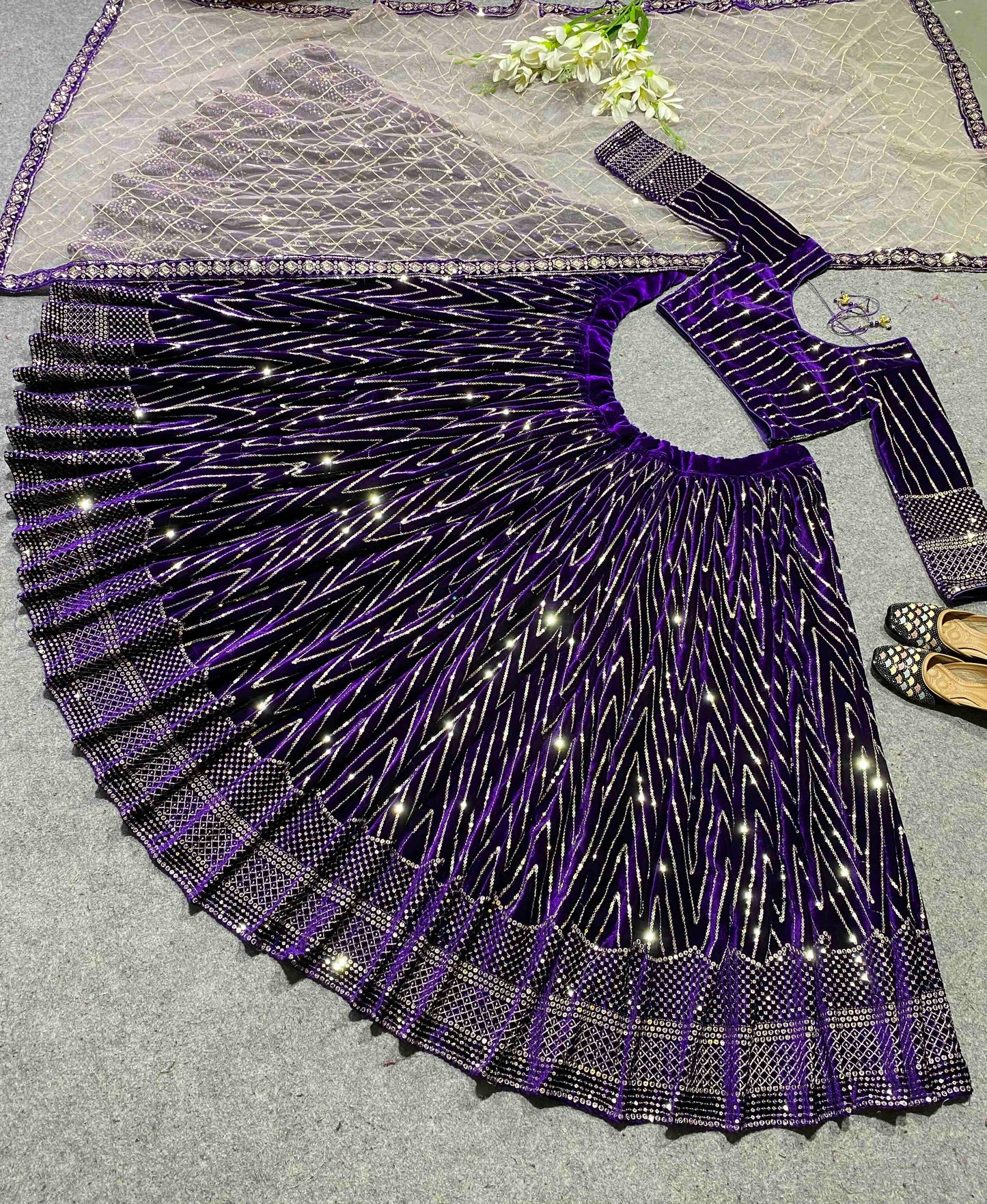Shafnufab Women's viscose Velvet Semi Stitched Lehenga Choli In Purple Colour SF218172