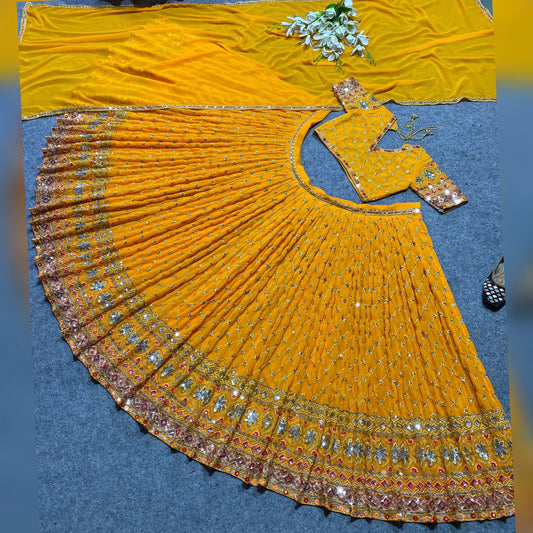 Shafnufab Women's Georgette Semi Stitched Lehenga Choli In Yellow Colour SF218187