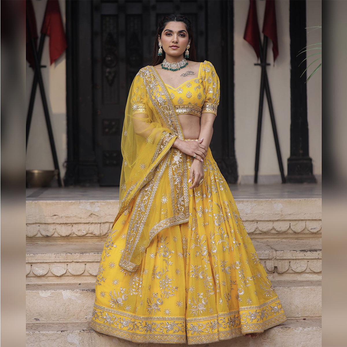Shafnufab Women's Georgette Semi Stitched Lehenga Choli In Yellow Colour SF218188