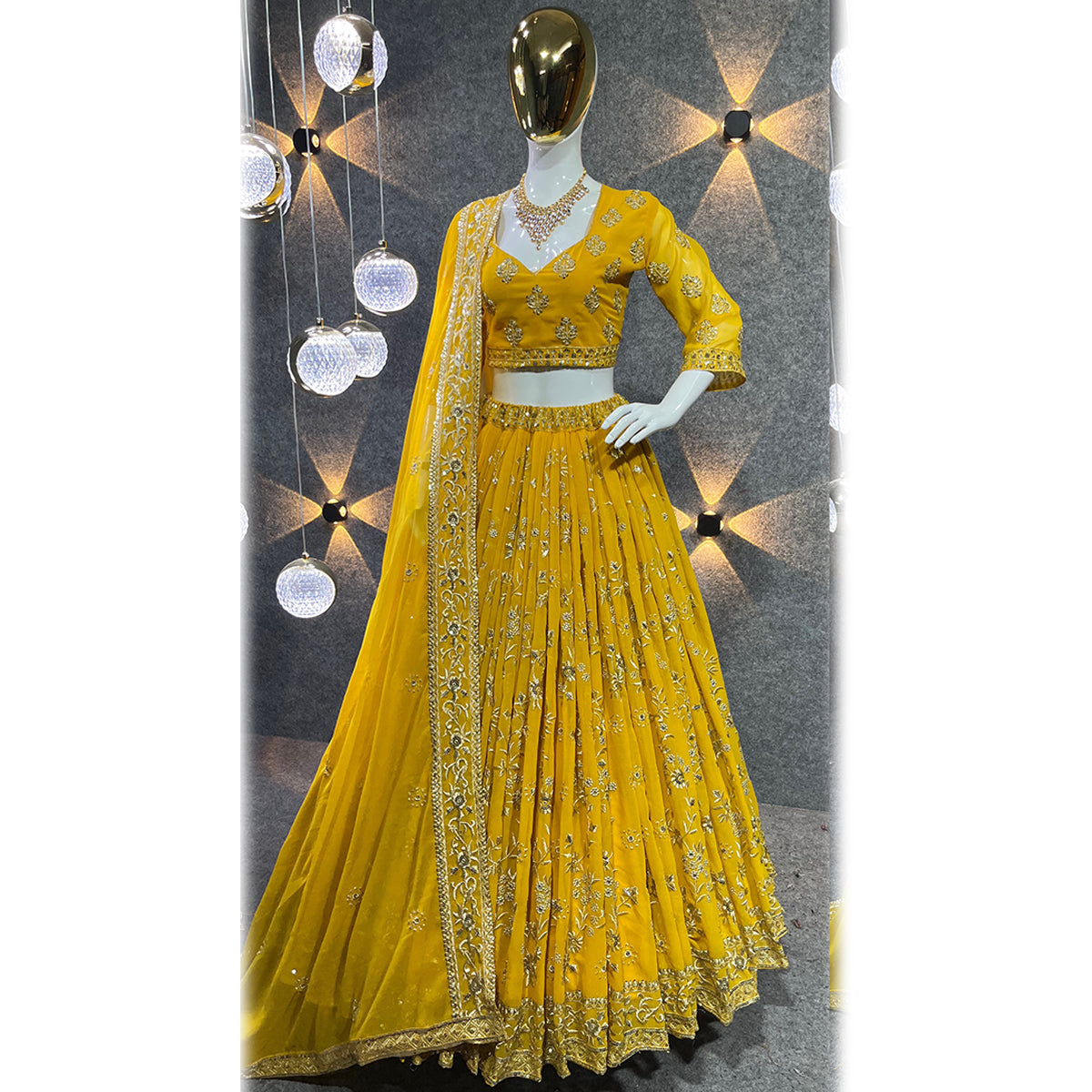Shafnufab Women's Georgette Semi Stitched Lehenga Choli In Yellow Colour SF218188
