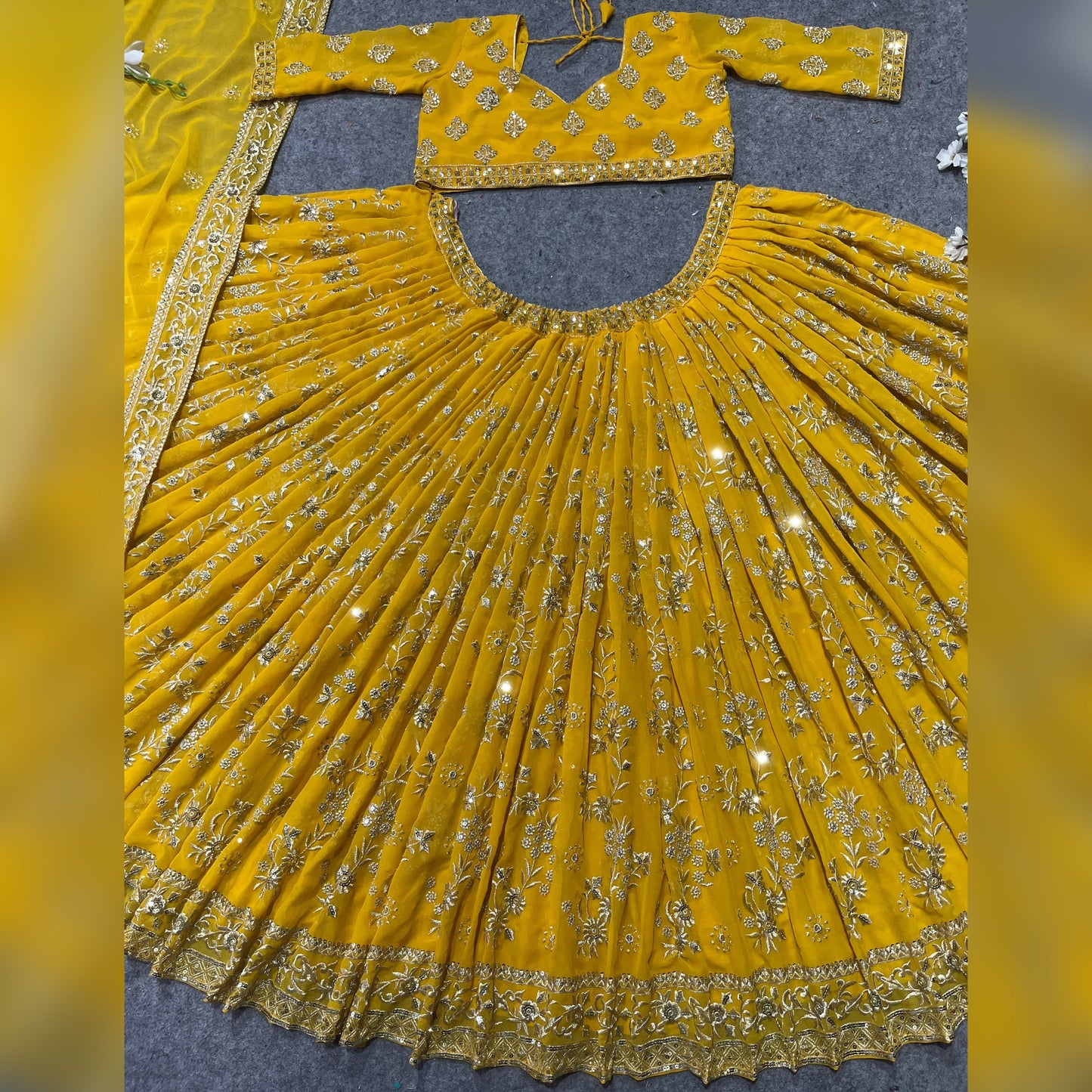 Shafnufab Women's Georgette Semi Stitched Lehenga Choli In Yellow Colour SF218188