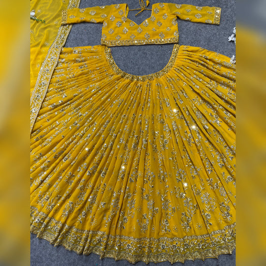 Shafnufab Women's Georgette Semi Stitched Lehenga Choli In Yellow Colour SF218188