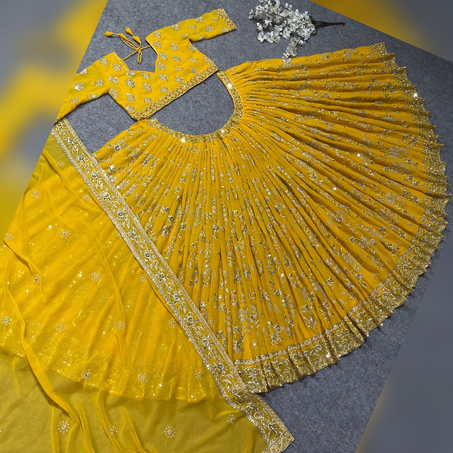 Shafnufab Women's Georgette Semi Stitched Lehenga Choli In Yellow Colour SF218188