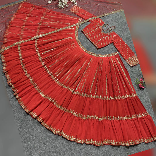 Shafnufab Women's Georgette Semi Stitched Lehenga Choli In Orange Colour SF218195