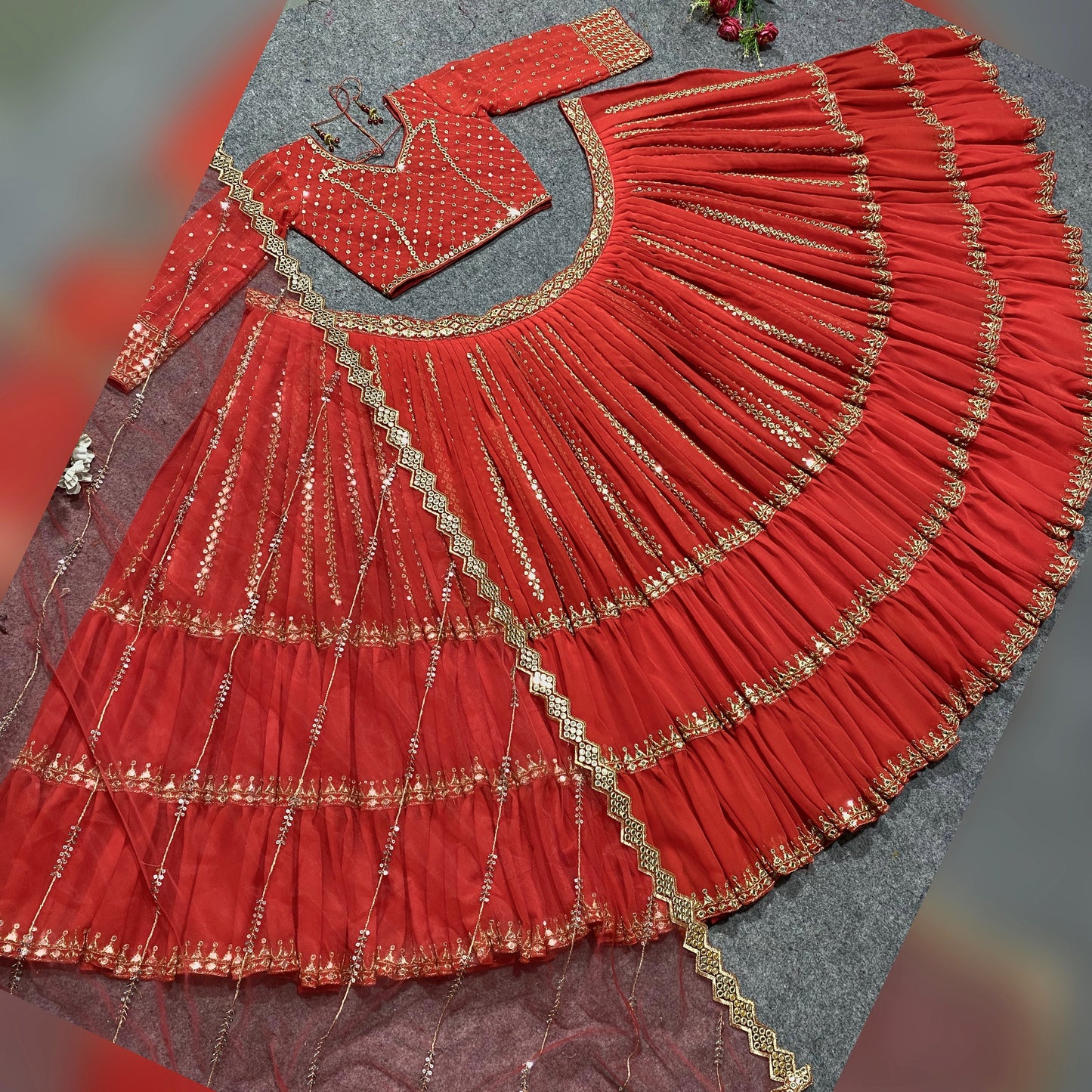 Shafnufab Women's Georgette Semi Stitched Lehenga Choli In Orange Colour SF218195
