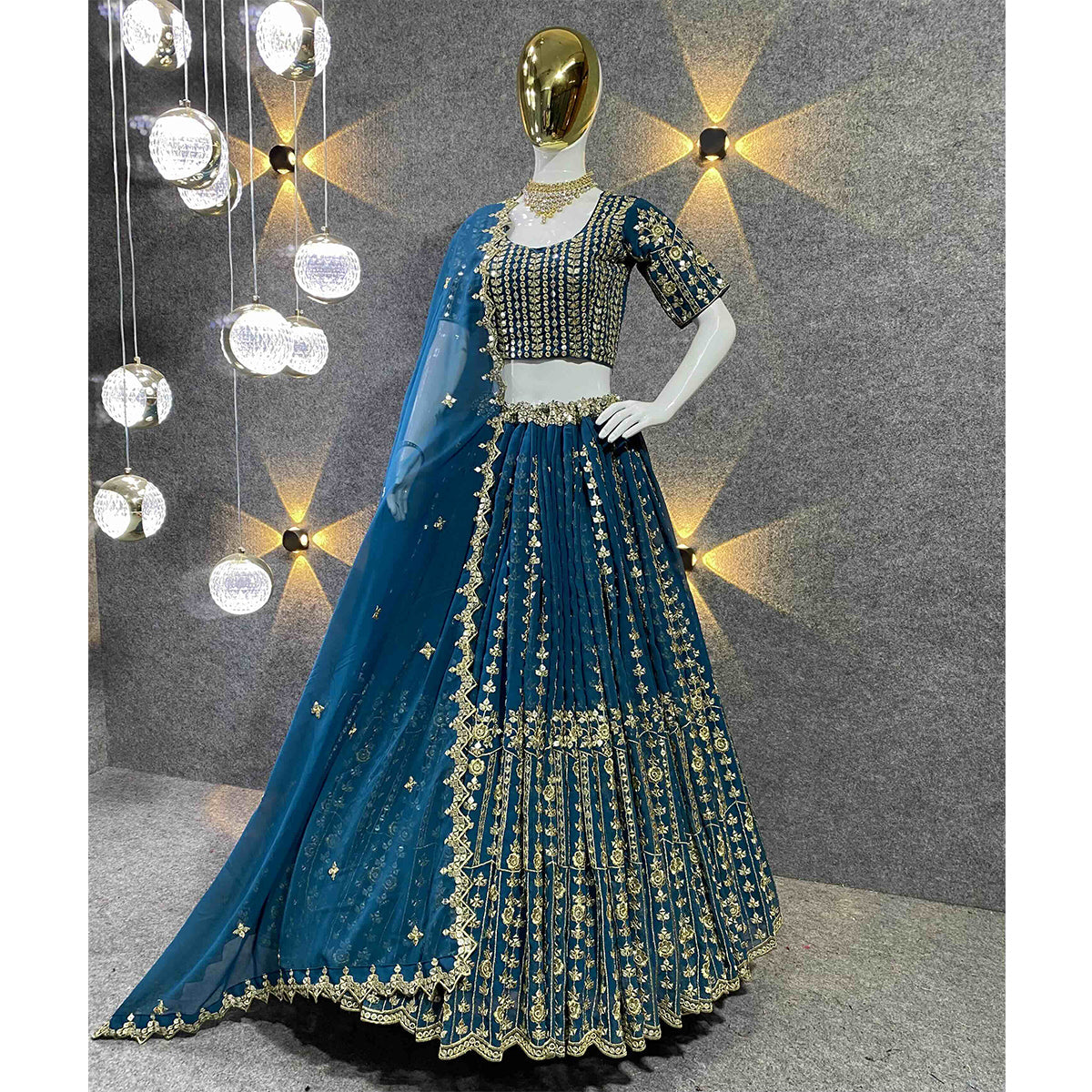 Shafnufab Women's Georgette Semi Stitched Lehenga Choli In Tourqoise Colour SF218210