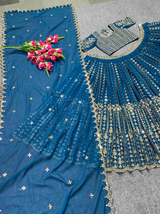 Shafnufab Women's Georgette Semi Stitched Lehenga Choli In Tourqoise Colour SF218210