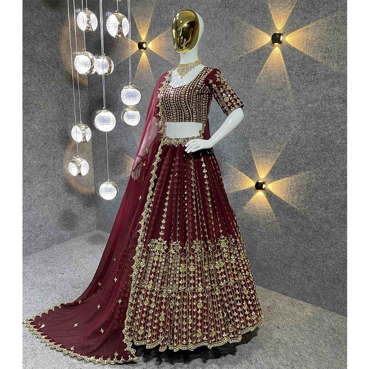 Shafnufab Women's Georgette Semi Stitched Lehenga Choli In Maroon Colour SF218211