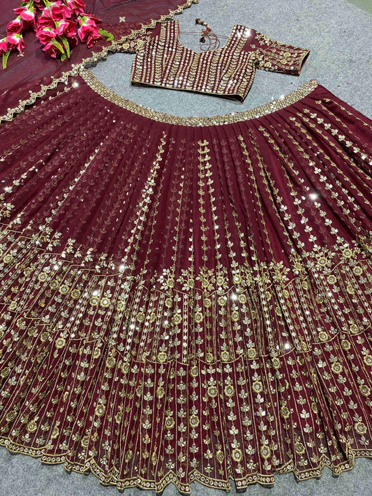 Shafnufab Women's Georgette Semi Stitched Lehenga Choli In Maroon Colour SF218211