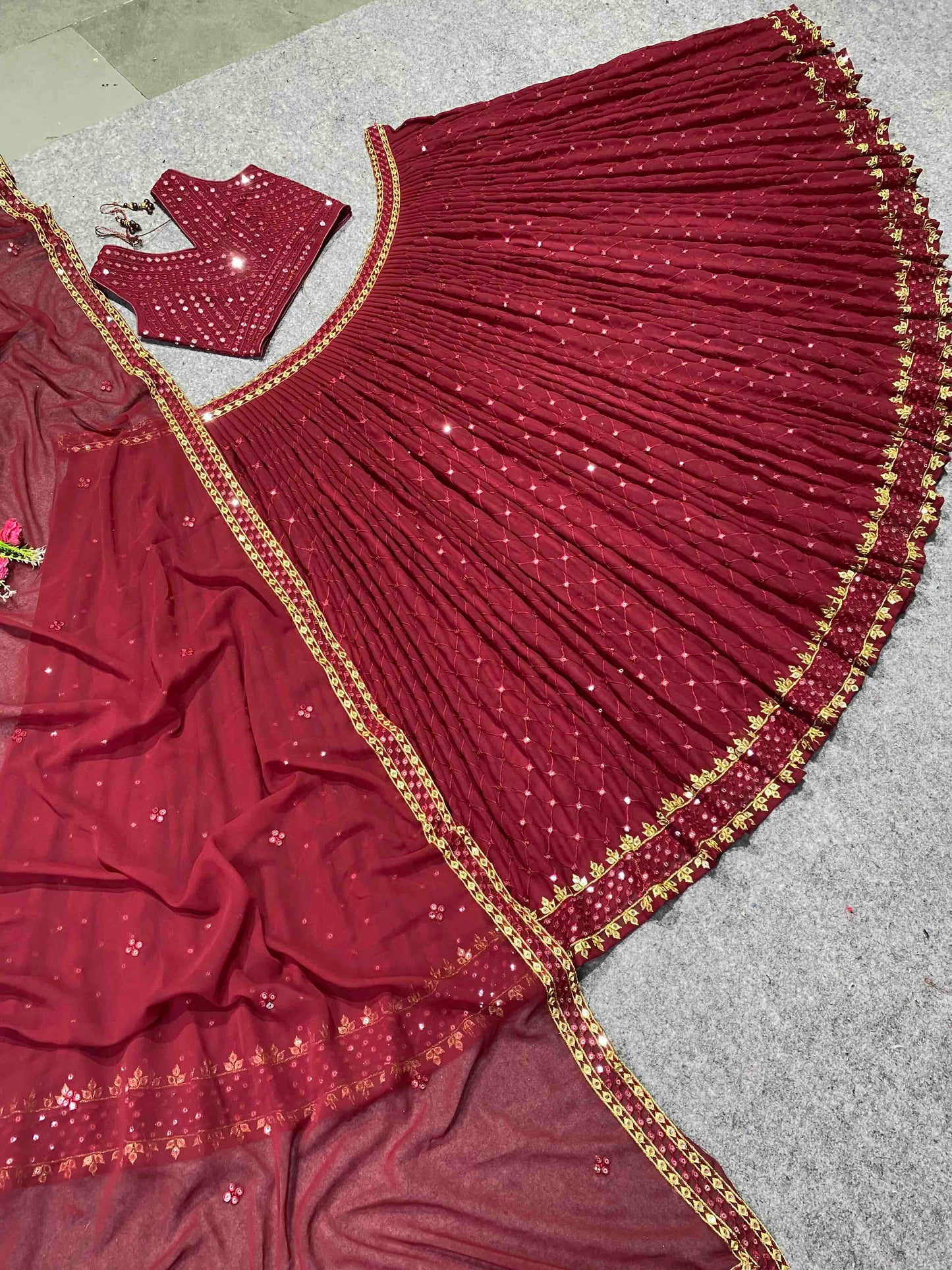 Shafnufab Women's Georgette Semi Stitched Lehenga Choli In Maroon Colour SF21846