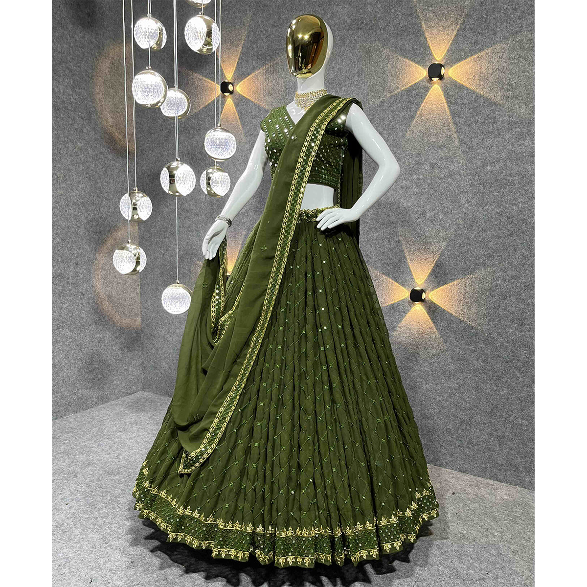 Shafnufab Women's Georgette Semi Stitched Lehenga Choli In light green Colour SF21847