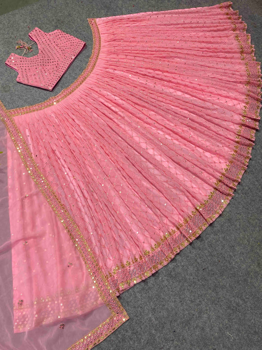 Shafnufab Women's Georgette Semi Stitched Lehenga Choli In Peach Colour SF21851