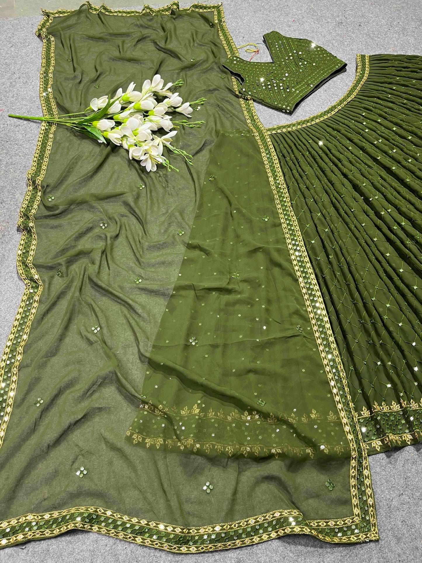Shafnufab Women's Georgette Semi Stitched Lehenga Choli In Mahendi Colour SF21852