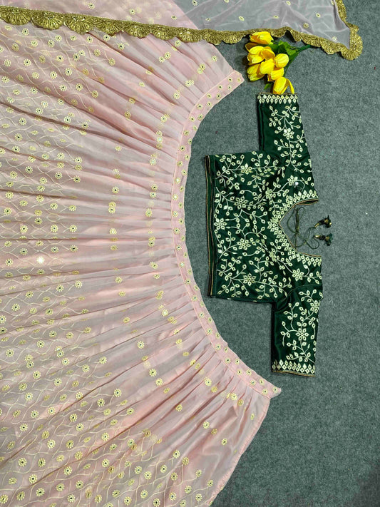 Shafnufab Women's Georgette Semi Stitched Lehenga Choli In Peach Colour SF21857