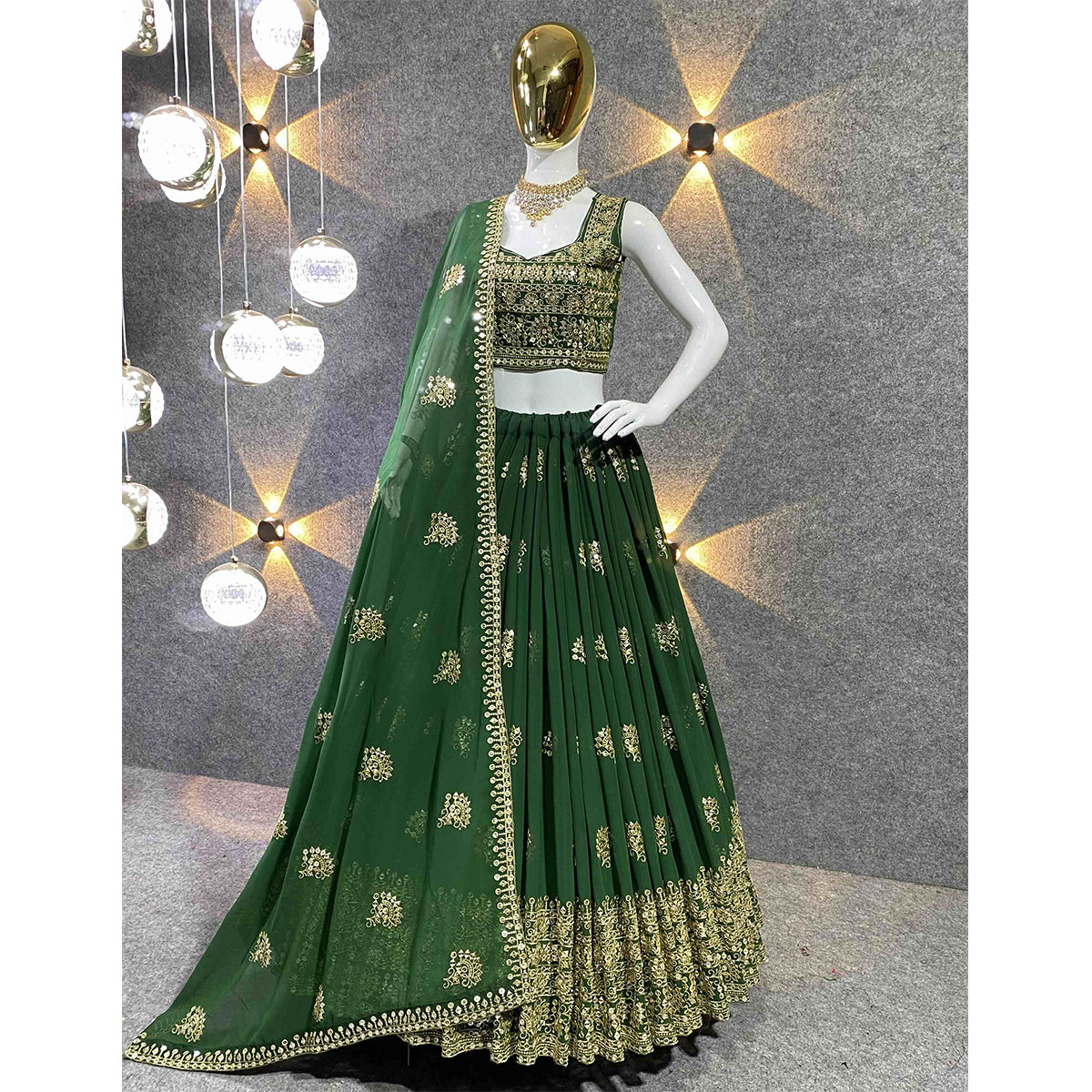 Shafnufab Women's Georgette Semi Stitched Lehenga Choli In green Colour SF21879
