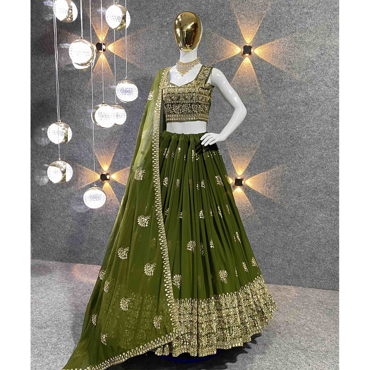 Shafnufab Women's Georgette Semi Stitched Lehenga Choli In Mahendi Colour SF21880