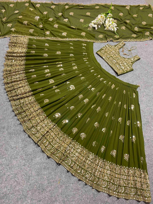 Shafnufab Women's Georgette Semi Stitched Lehenga Choli In Mahendi Colour SF21880