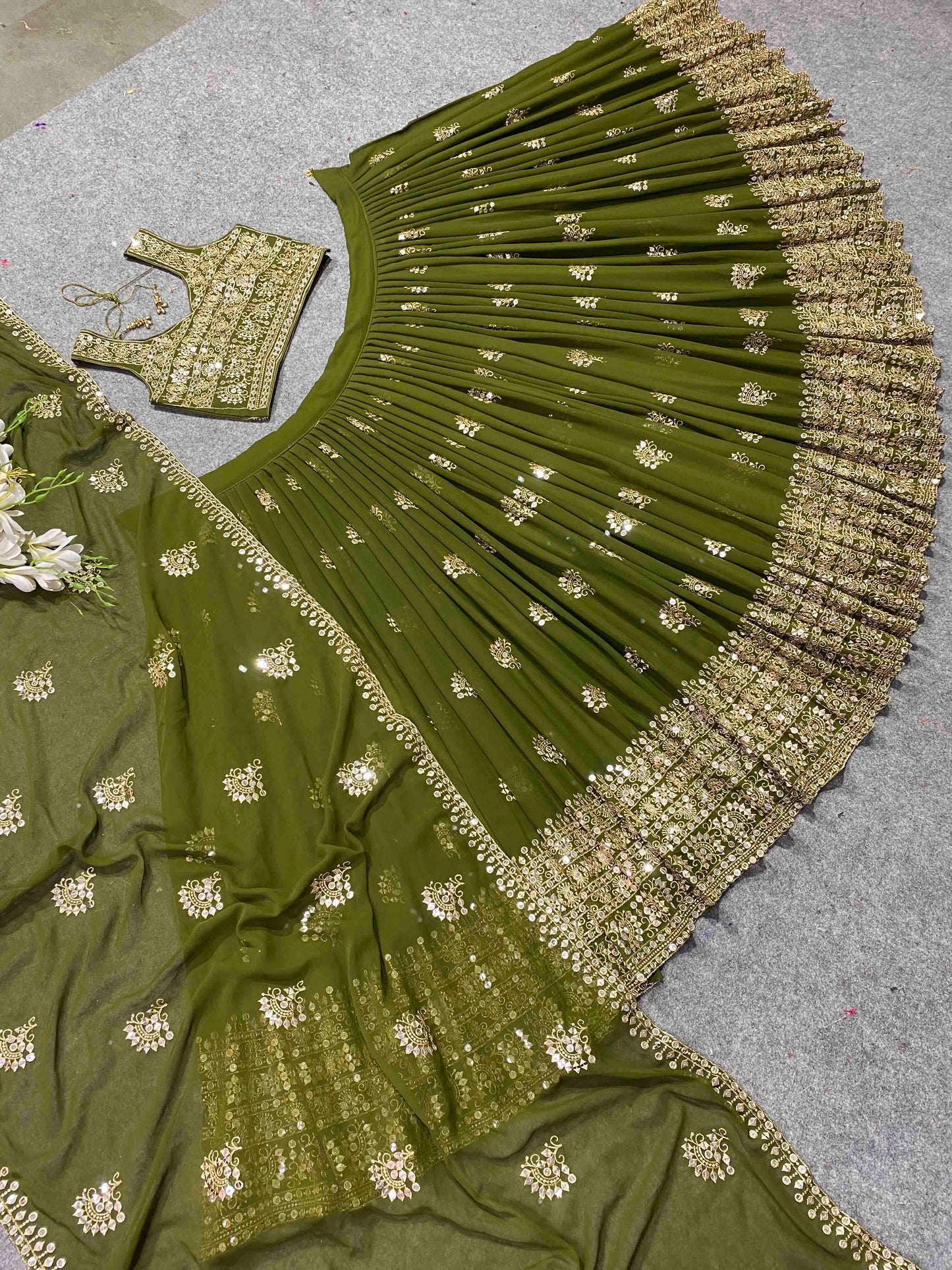 Shafnufab Women's Georgette Semi Stitched Lehenga Choli In Mahendi Colour SF21880