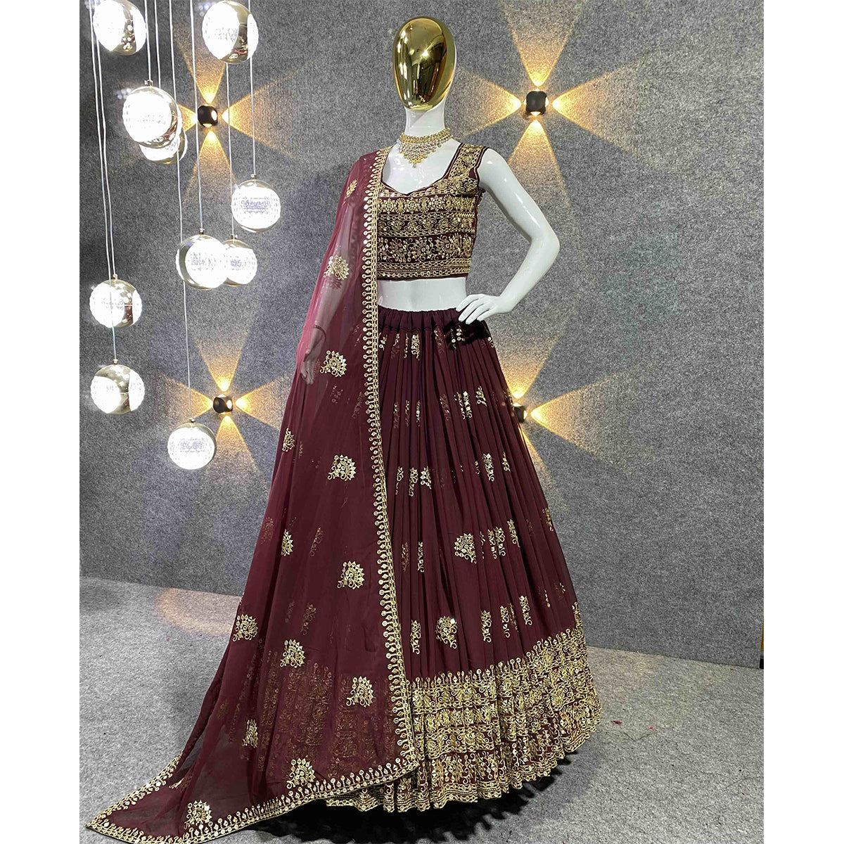 Shafnufab Women's Georgette Semi Stitched Lehenga Choli In Maroon Colour SF21881
