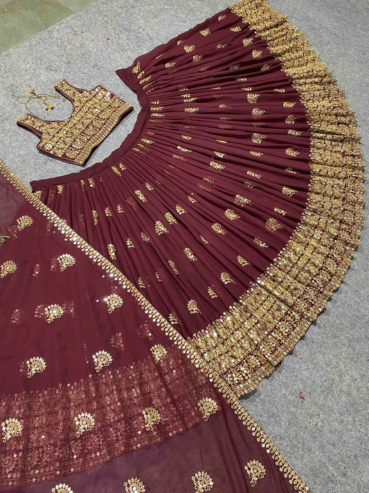 Shafnufab Women's Georgette Semi Stitched Lehenga Choli In Maroon Colour SF21881