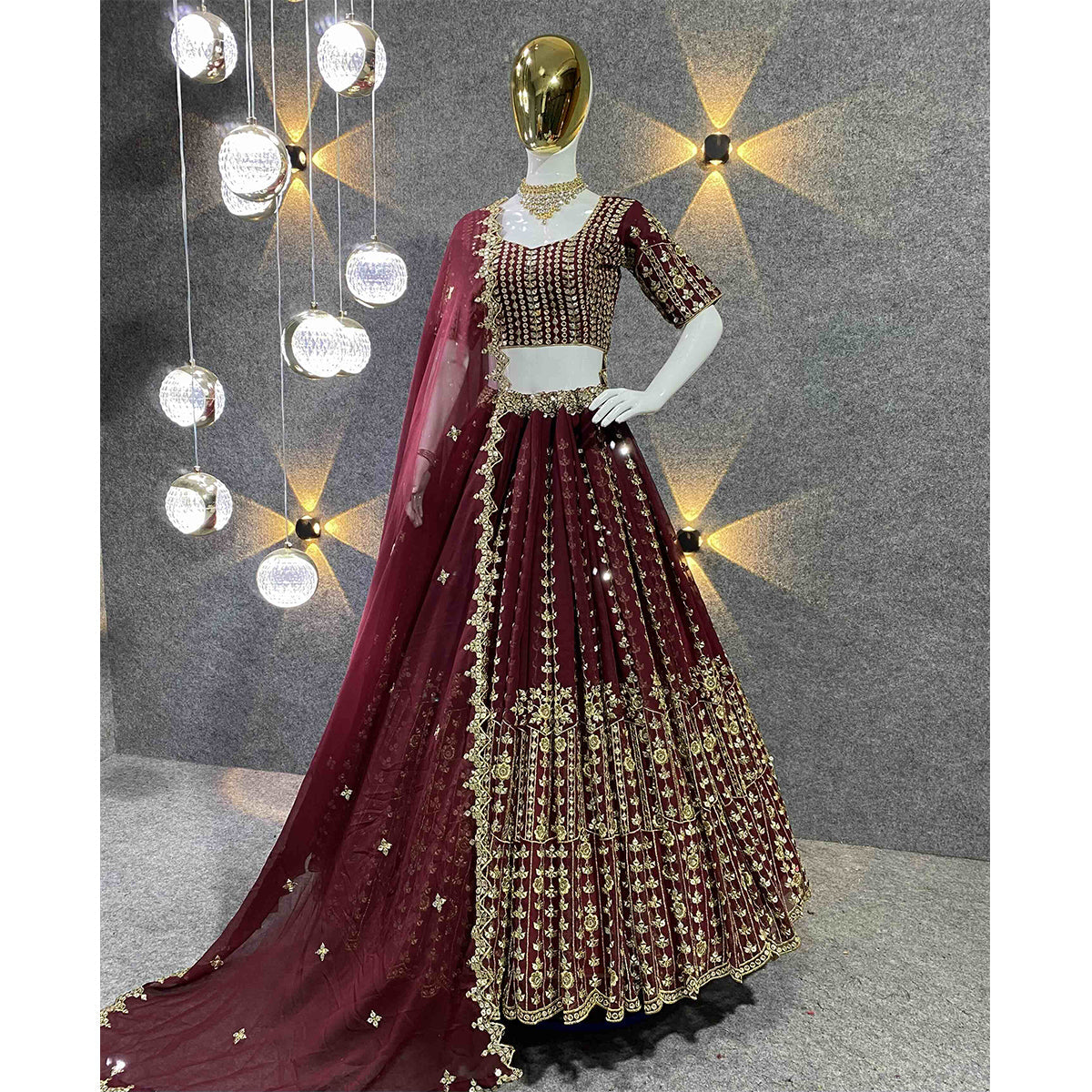 Shafnufab Women's Georgette Semi Stitched Lehenga Choli In Maroon Colour SF21882