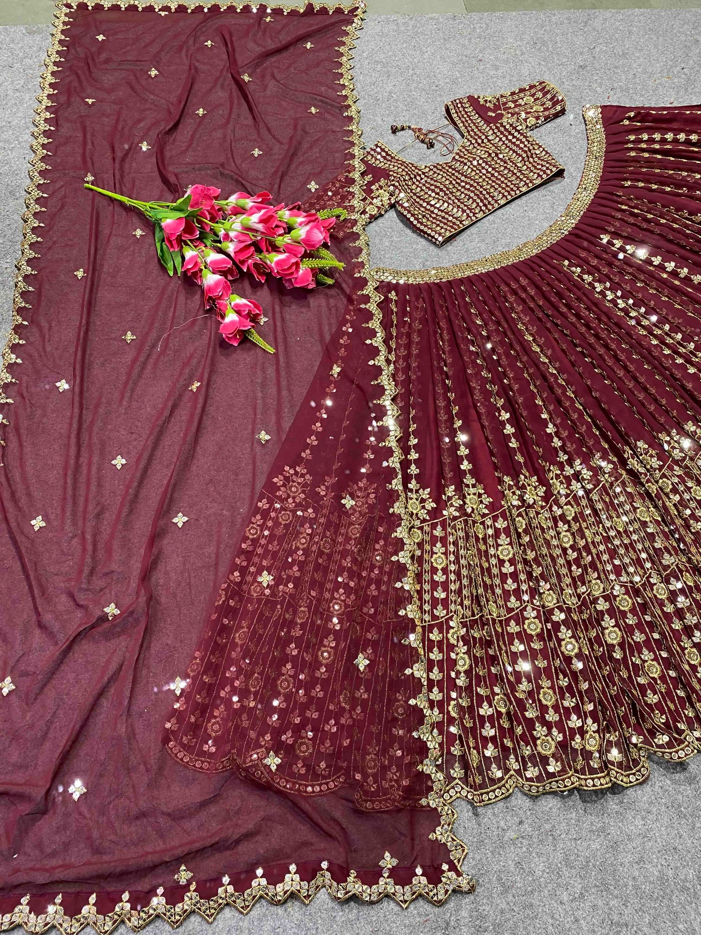 Shafnufab Women's Georgette Semi Stitched Lehenga Choli In Maroon Colour SF21882