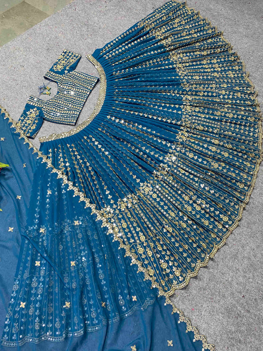 Shafnufab Women's Georgette Semi Stitched Lehenga Choli In Turquoise Colour SF21884