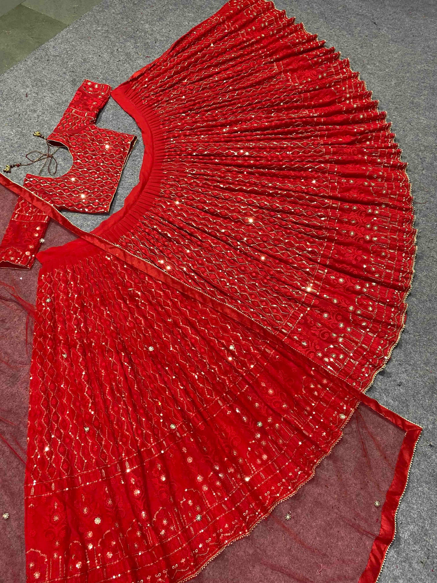 Shafnufab Women's Georgette Semi Stitched Lehenga Choli In Red Colour SF21888