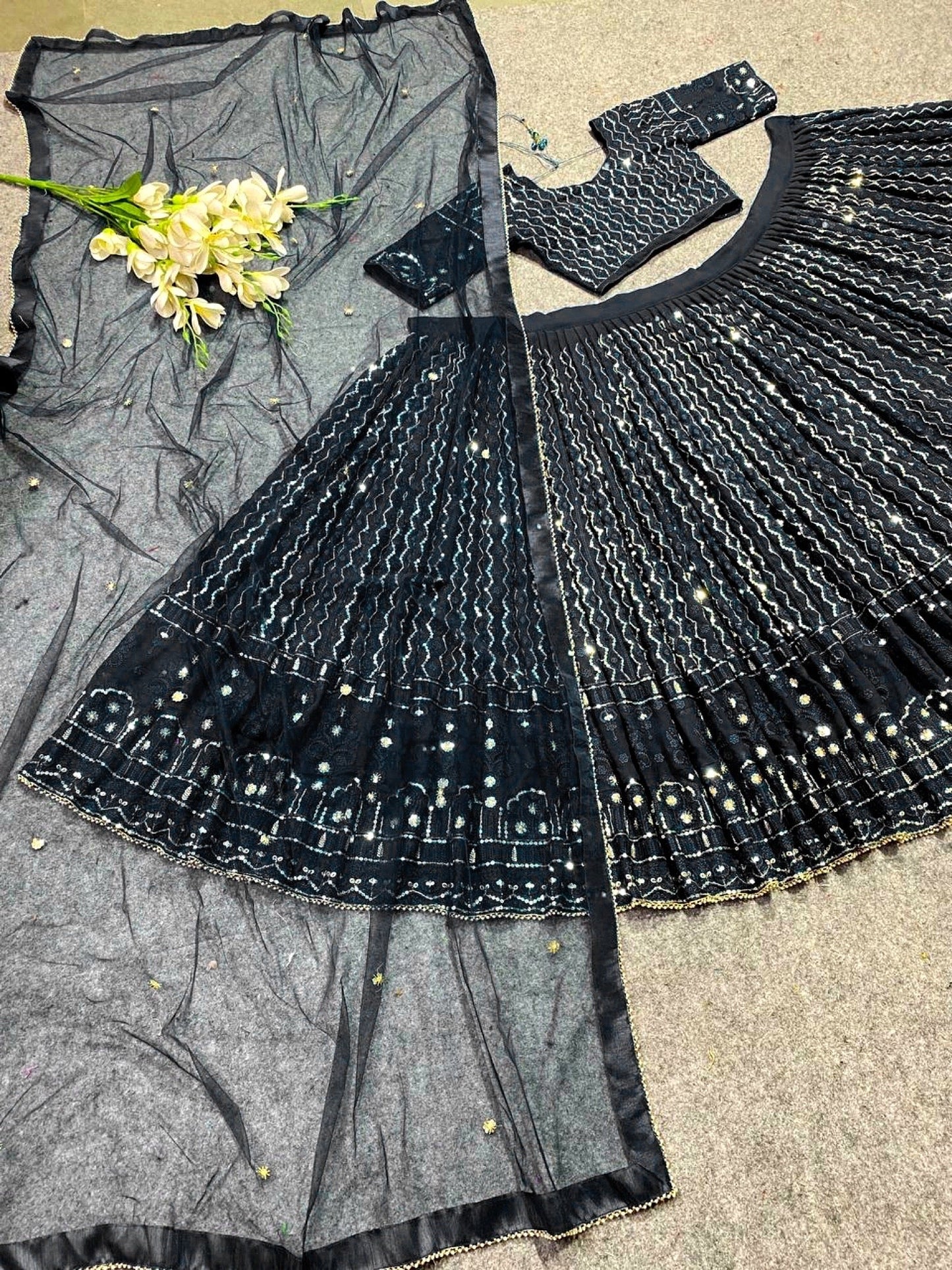 Shafnufab Women's Georgette Semi Stitched Lehenga Choli In Black Colour SF21889