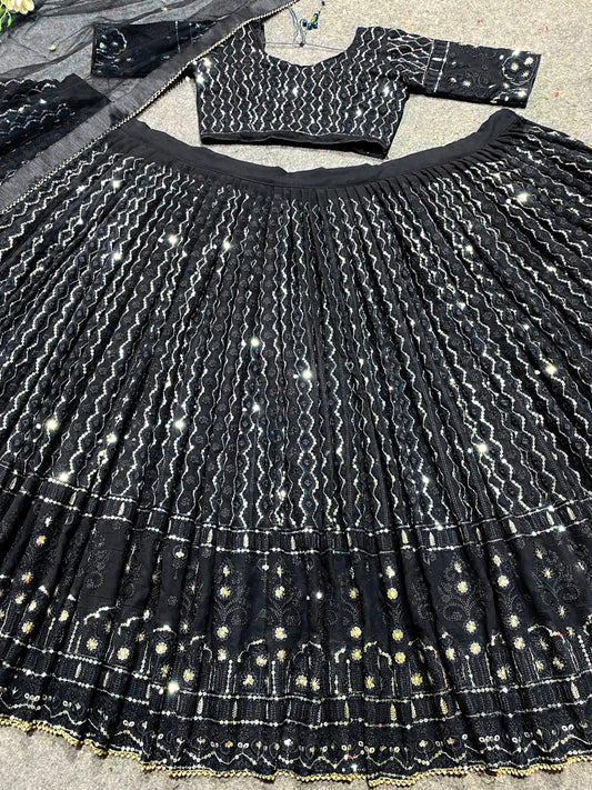 Shafnufab Women's Georgette Semi Stitched Lehenga Choli In Black Colour SF21889