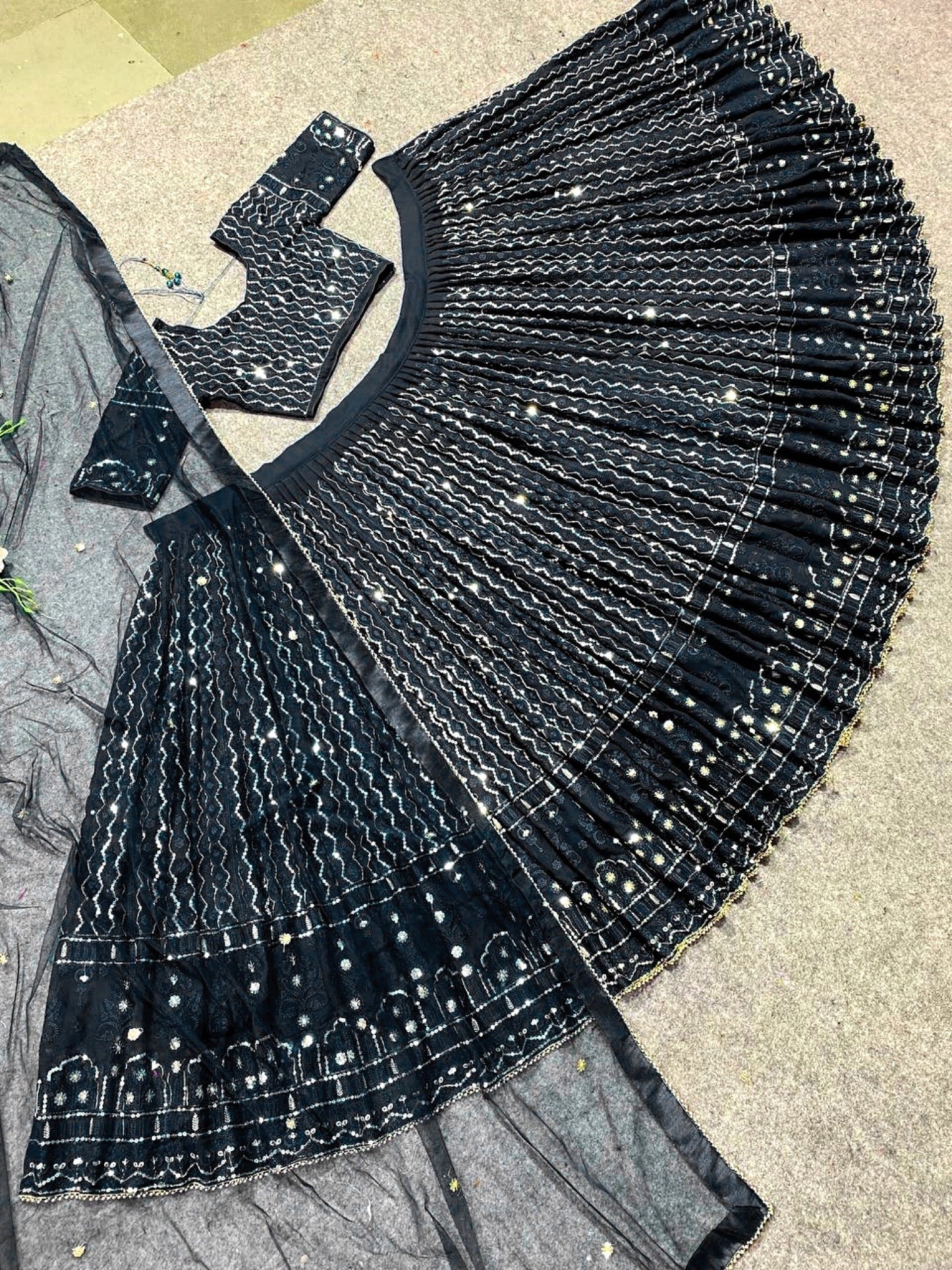 Shafnufab Women's Georgette Semi Stitched Lehenga Choli In Black Colour SF21889