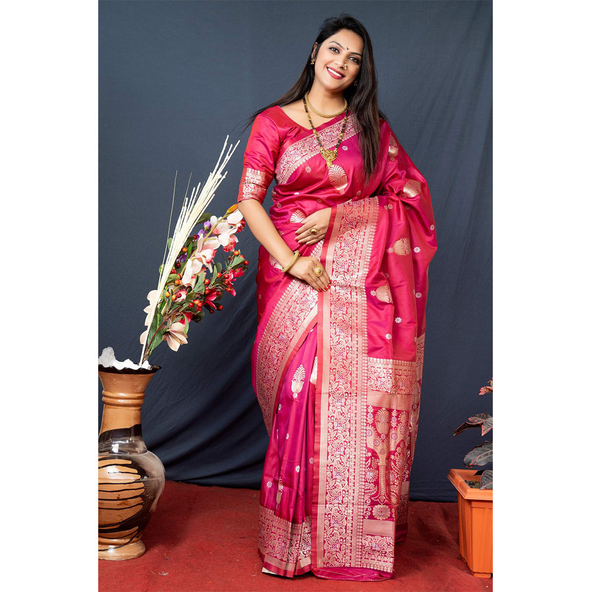 Shafnufab Women's Paithani Silk Saree With Blouse In Magenta
