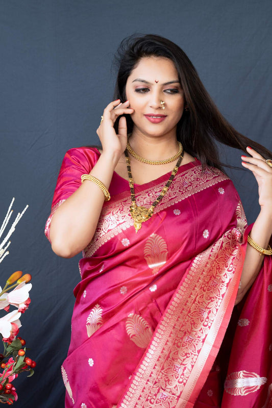 Shafnufab Women's Paithani Silk Saree With Blouse In Magenta