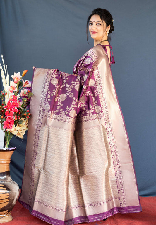 Shafnufab Women's Banarasi Silk Saree With Blouse In Purple