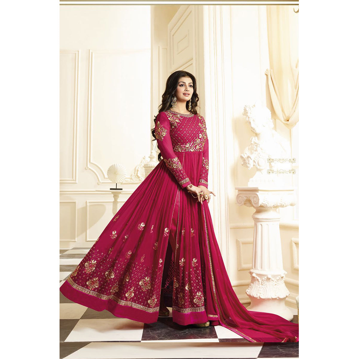 dark pink indian dress Deep Pink Multi Embroidery Designer Anarkali Gown plus-size