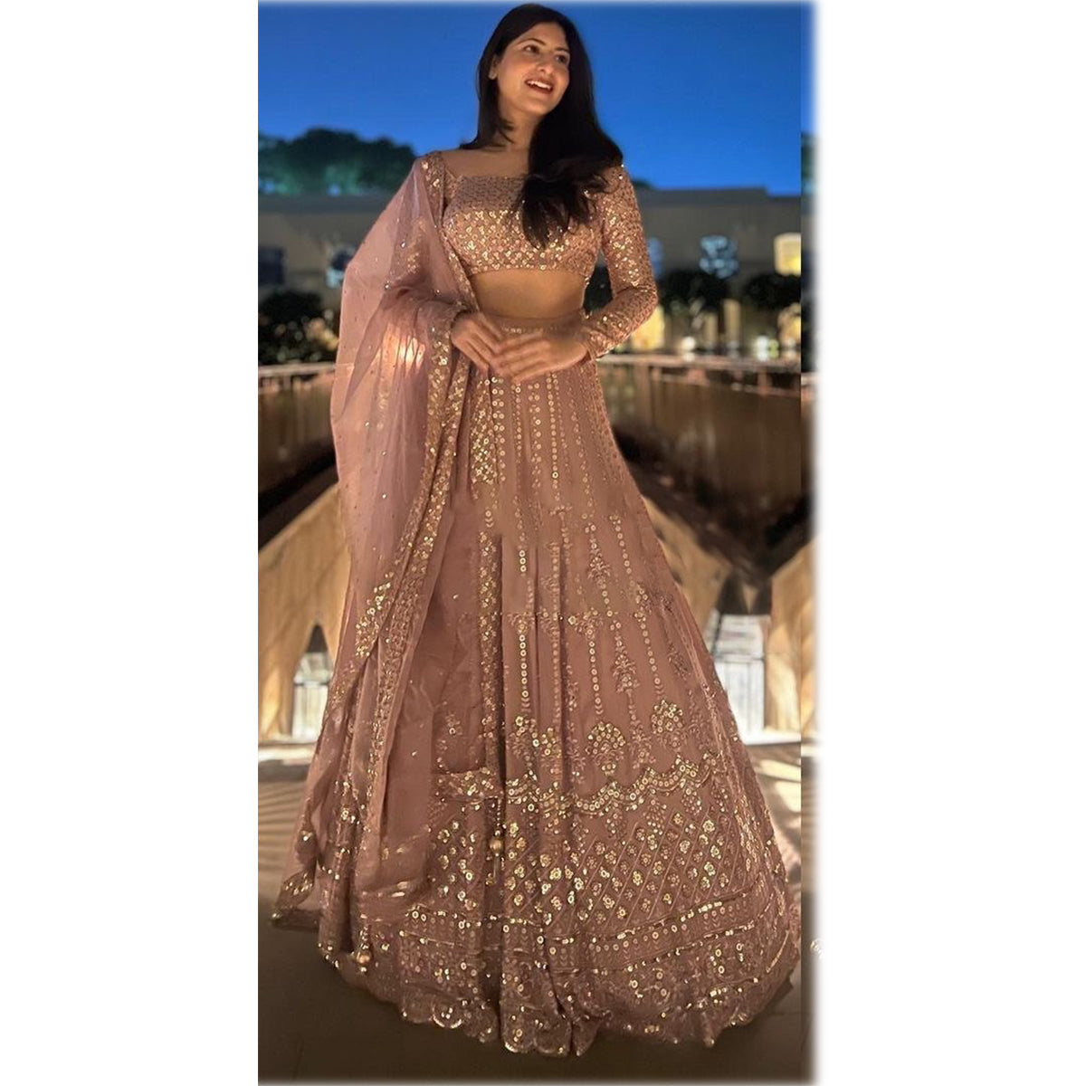 Shafnufab Women's Gorgette Lehenga Choli In Bige Colour
