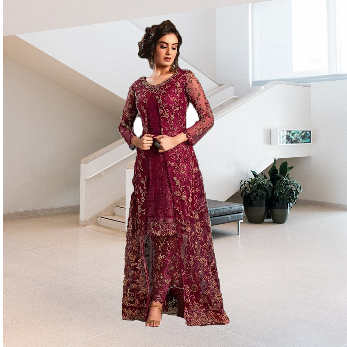 Shafnufab Pink heavy net with embroidered work salwar suit with koti