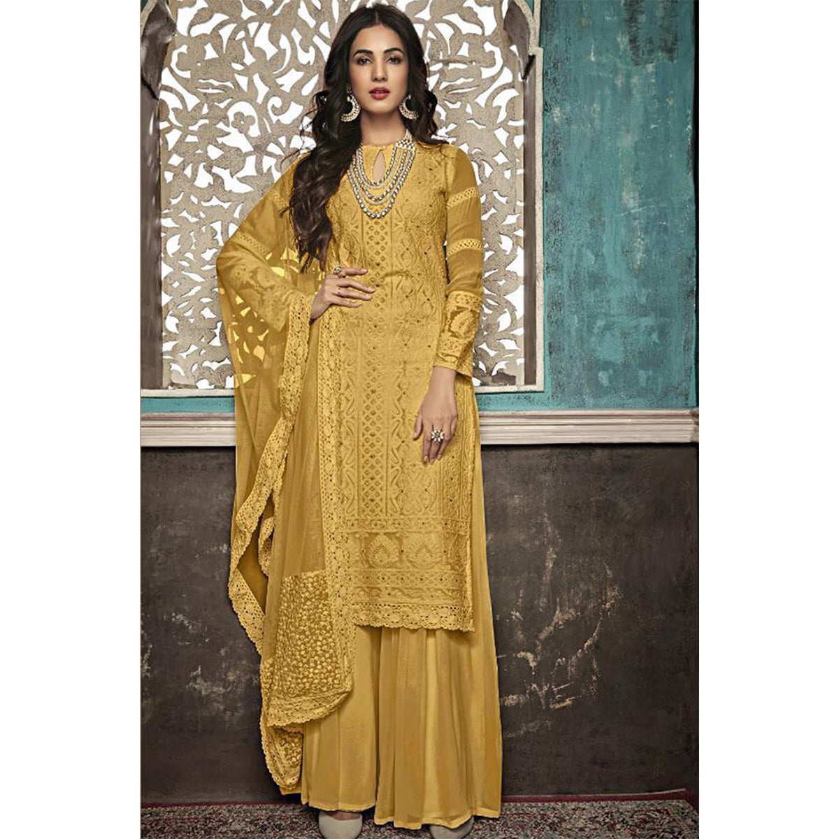 Shafnufab® Yellow GEORGETTE Pakistani Plazzo Suit WITH DUPATTA