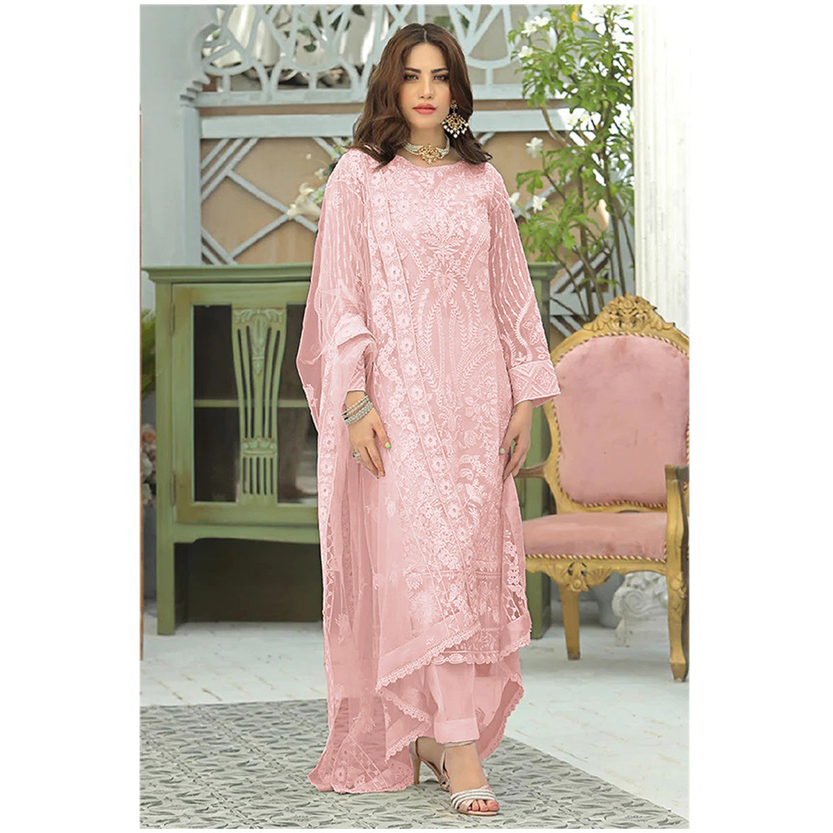 Shafnufab Women's Georgette Semi-Stitched Pakistani Suit In Pink Colou –  Shafnu Fab