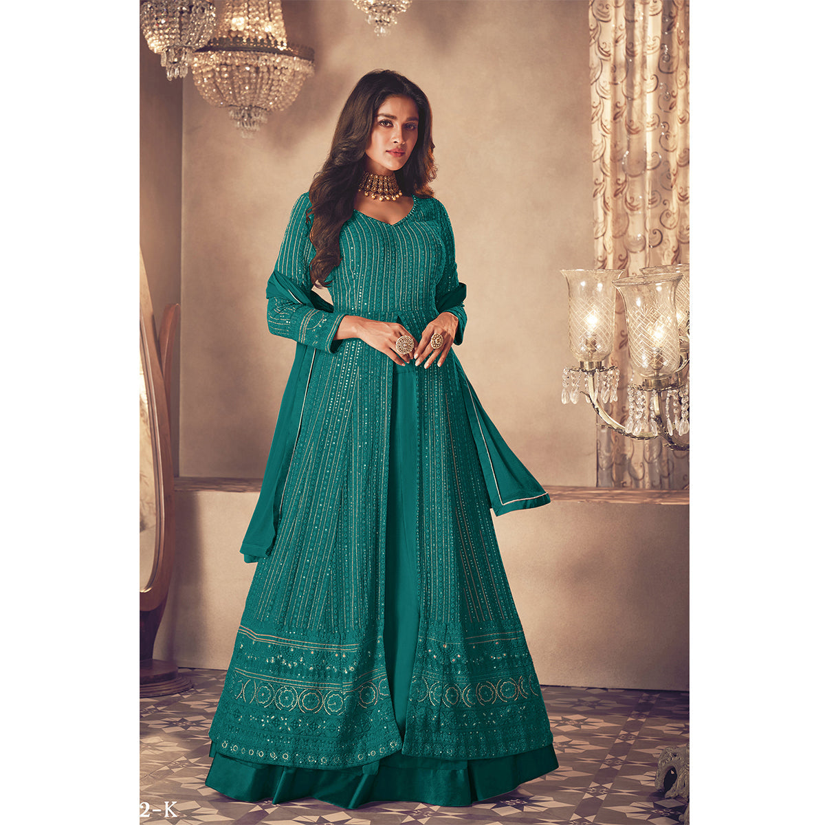 Shafnufab Georgette Fabric Cyan Color Sangeet Wear Sharara Top Lehenga
